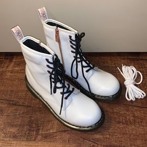 White Dr. Martens size 6 with rose gold accents